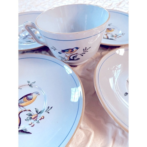 Spode Queens Bird Blue and Gray Body 1 Cup and 4 Saucer Y4973 Old Mark - Picture 1 of 6